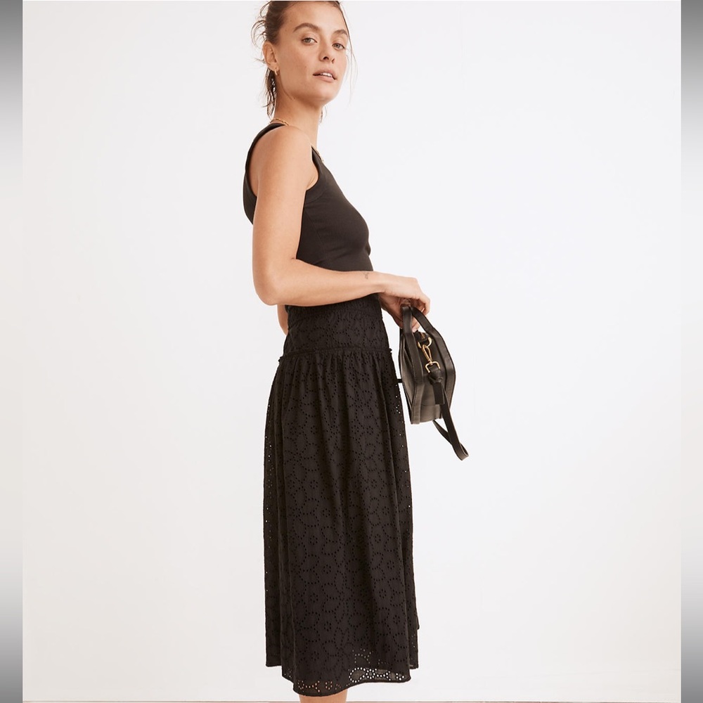 *NWT* Madewell Black Eyelet Pull-On Midi Skirt, Size XS